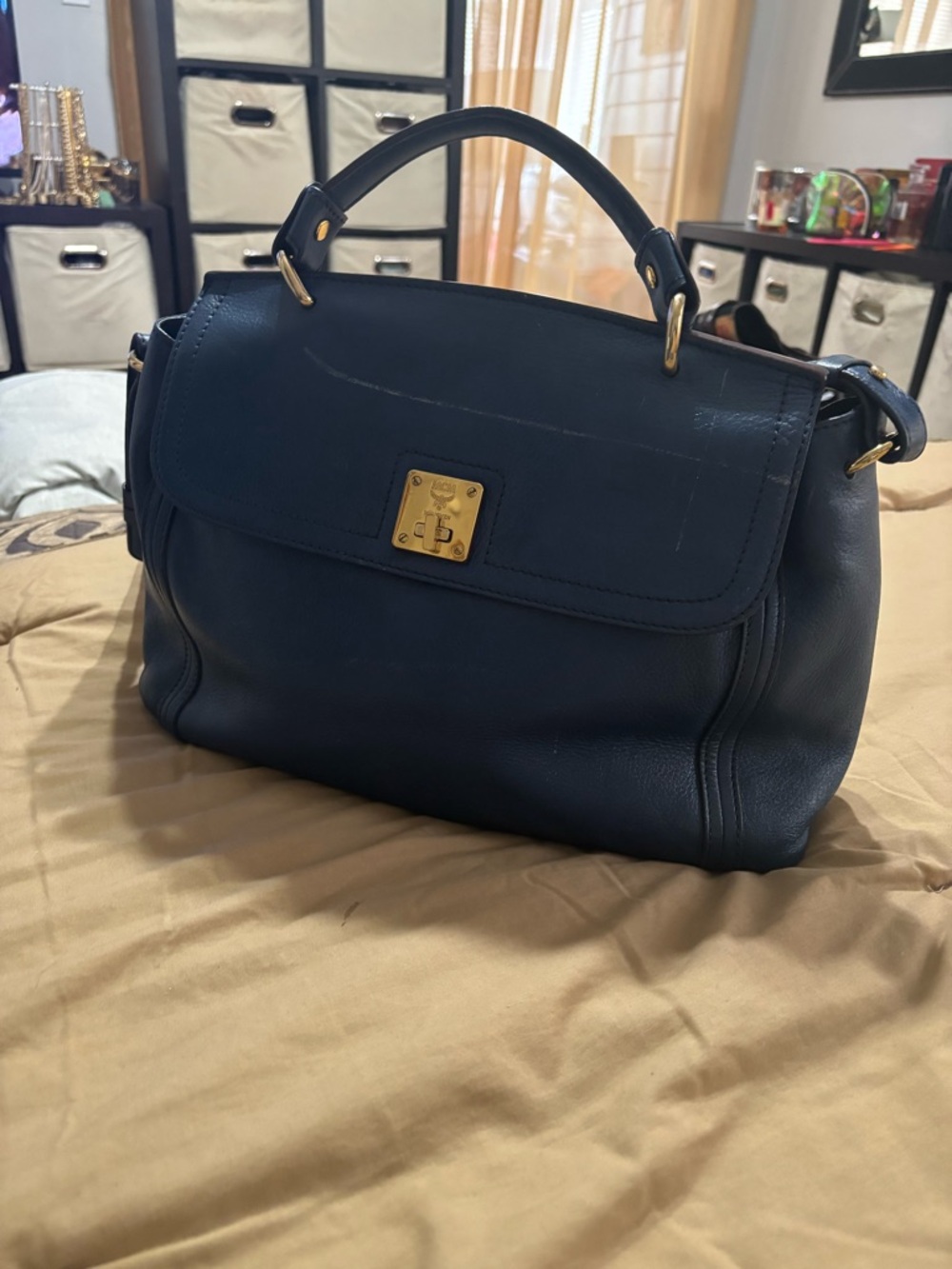 MCM Top-Handle Navy Leather Satchel Handbag